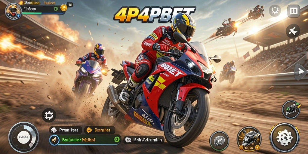 Tampilan gameplay mendebarkan dari 4P4PBET yang penuh aksi balapan motor.