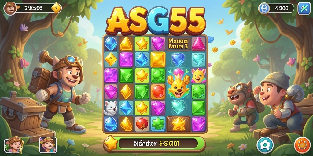 Tangkapan layar gameplay ASG55 menampilkan aksi mencocokkan permata yang seru.