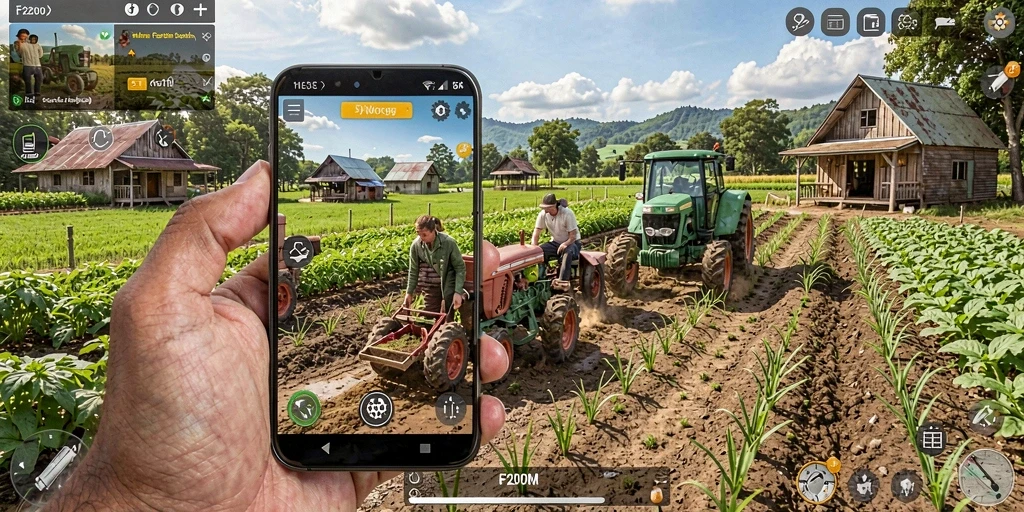 Tangkapan layar gameplay F200M yang menunjukkan aktivitas pertanian yang menarik.