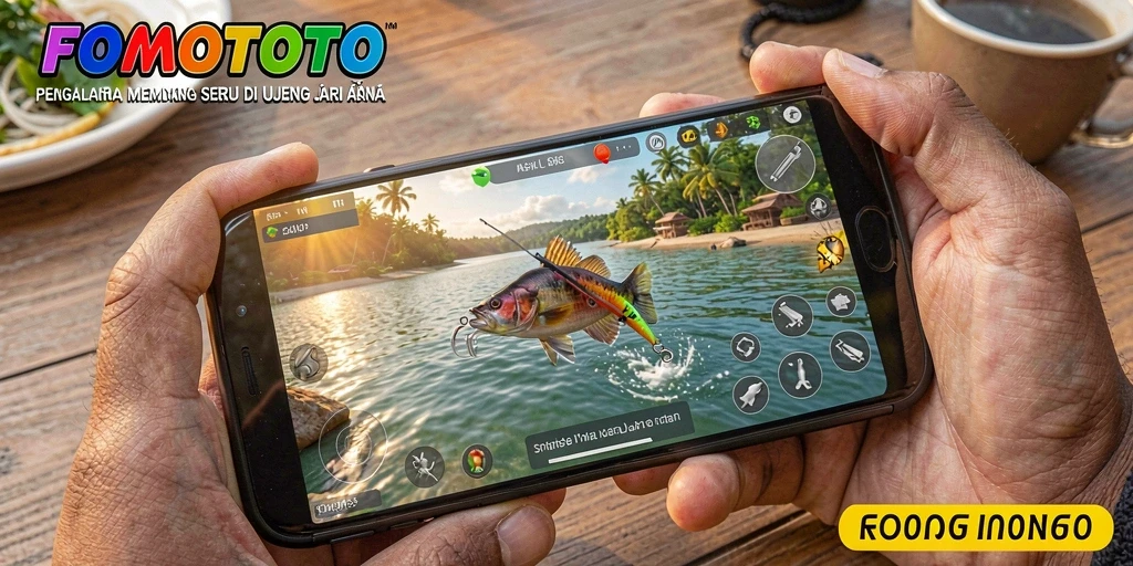 Tampilan gameplay seru FOMOTOTO saat menangkap ikan di laut.