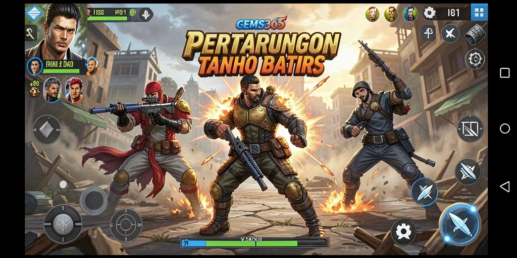 Screenshot utama GEMS365 yang menampilkan aksi pertarungan mendebarkan.