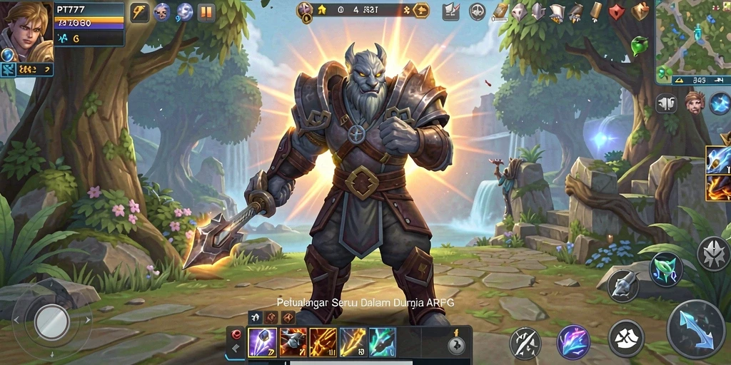 Screenshot gameplay PT777 menunjukkan pertempuran seru dalam dunia fantasi.