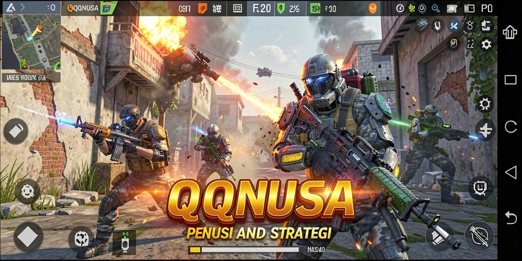 Screenshot game QQNUSA menampilkan aksi tembak-menembak intens.