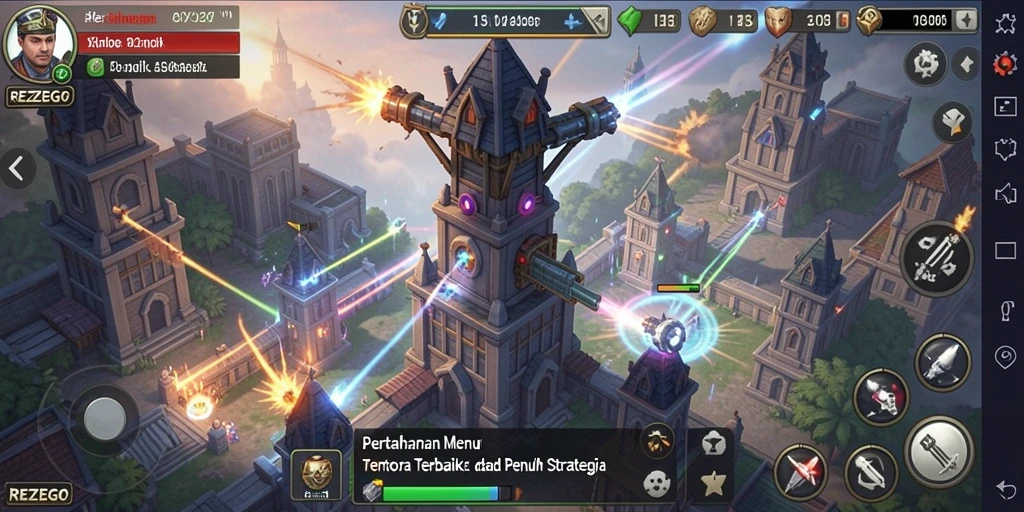 Tampilan gameplay menakjubkan dari REZEGO di level Tower Defense.