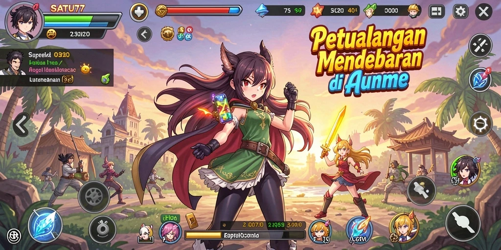 Screenshot SATU77 menampilkan karakter-karakter anime yang atraktif di dalam aksi pertempuran.