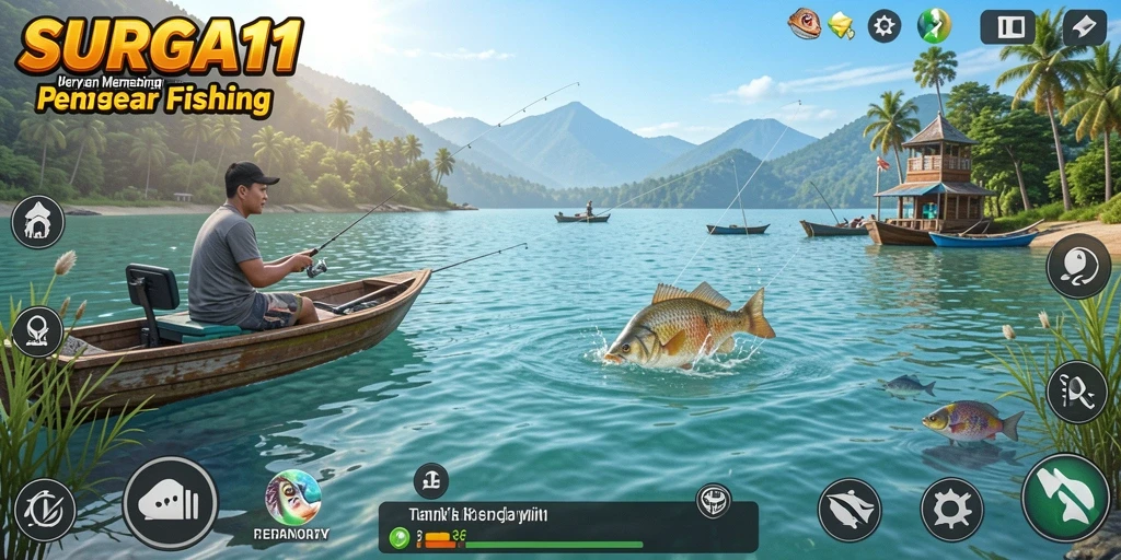 Tampilan gameplay SURGA11 yang mendebarkan, saat menangkap ikan di lautan.