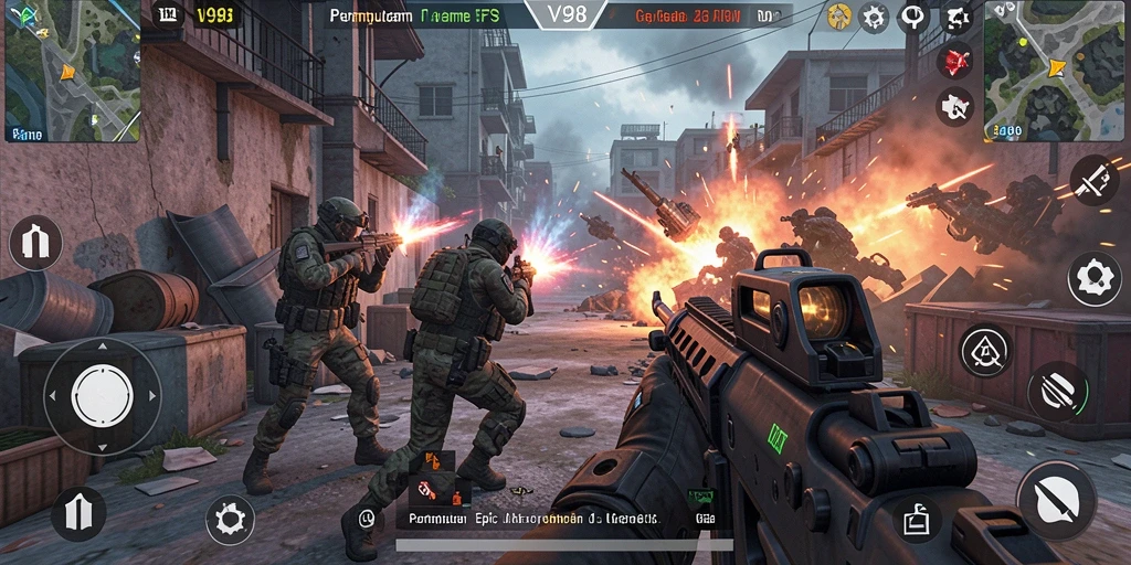 Tampilan aksi mendebarkan dalam gameplay V98 yang intens.